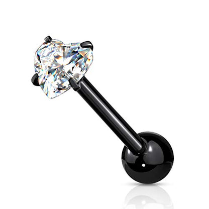 14 Gauge Prong Set Heart CZ 316L Surgical Steel Barbell Tongue Rings (Choose Color) - color: Black/Clear