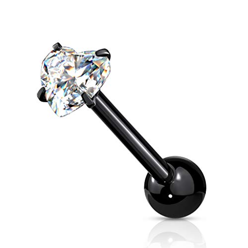 14 Gauge Prong Set Heart CZ 316L Surgical Steel Barbell Tongue Rings (Choose Color) - color: Black/Clear