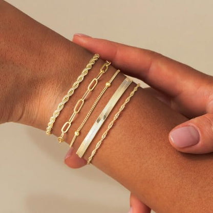 Gold Bracelet for Women, Waterproof Jewelry,5PCS | 14K Gold Plated Bracelets Stacks Non-Tarnish, Lightweight & Comfy, Trendy Adjustable Dainty Links, Women’s Jewelry Gift - color: 5 pcs-Rope+Paperclip+Satellite+Snake+Twist