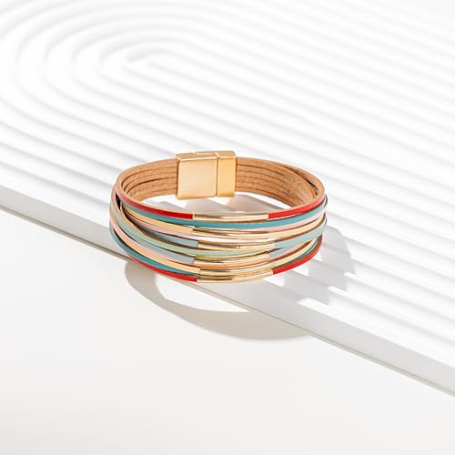 Gold Tube Leather Wrap Bracelets Boho Chunky Stackable Layered Western Cuff | Stacked Bohemian Cool Magnetic Clasp Bangles Statement Cowgirl Hippie Country Festival Accessories for Women Trendy - color: Colorful