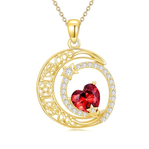 Midari 18K Yellow Gold Sun Moon Star Pendant Rose Flower Necklaces I Love You Forever Sun Moon Jewelry Gift for Mother Women - color: 01-Jan-Garnet, style: Moon&Star