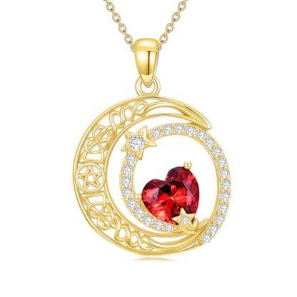 Midari 18K Yellow Gold Sun Moon Star Pendant Rose Flower Necklaces I Love You Forever Sun Moon Jewelry Gift for Mother Women - color: 01-Jan-Garnet, style: Moon&Star