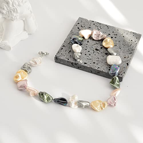 Pearl Choker Necklace for Women Boho Beaded Statement Necklace with Black White Large Freshwater Pearls Silver Fashion Jewelry Gift - color: Colorful