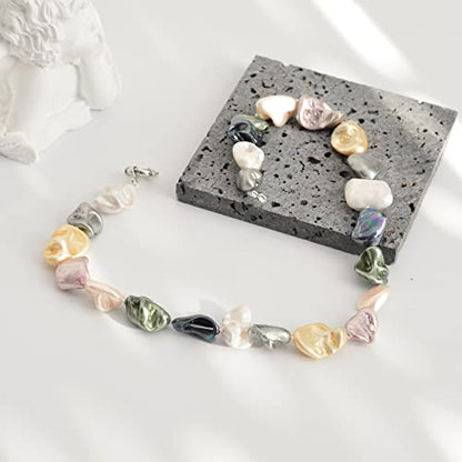 Pearl Choker Necklace for Women Boho Beaded Statement Necklace with Black White Large Freshwater Pearls Silver Fashion Jewelry Gift - color: Colorful