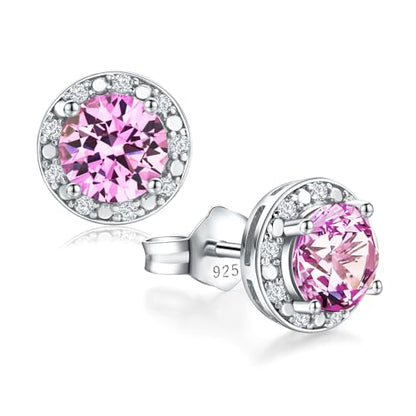 Dainty Birthstone Earrings for Women Sterling Silver Small Stud Earrings with Halo Cushion/Round Created Gemstone Earrings Birthstone Jewelry - style: B 10. Oct./created pink sapphire-round cut