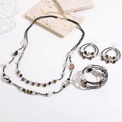 Bocar Bohemian Handmade Beaded Jewelry Set for Women 3 Pcs Layered Necklace Hoop Earrings Wrap Bracelet Set Boho Summer Vacation Jewelry Gift (NK-10834) - color: Black