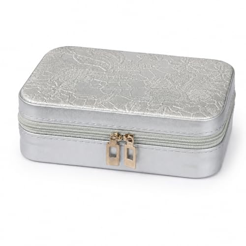 Travel Jewelry Box, Portable jewelry organizer with Embossed PU Leather Small Jewelry Box with Zipper, Velvet Lined Ring Earring Necklace Case for Travel, 6.3 x 4.7 x 2.4 in - color: Silver