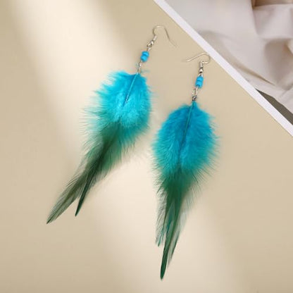 RUOFFETA Long Feather Earrings for Women, Boho Bohemian Earrings Multicolor Tassel Handmade Feather Earrings for Women Dangling - style: M-Blue