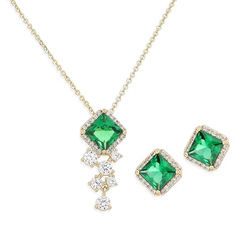 Gold Silver Stud Earrings Pendent Necklace Sets for Women, Dainty Rhinestone Crystal Necklace Earing Jewelry Set Wedding Accessories Fashion Holiday Gift - color: Simulate Emerald
