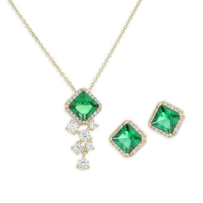 Gold Silver Stud Earrings Pendent Necklace Sets for Women, Dainty Rhinestone Crystal Necklace Earing Jewelry Set Wedding Accessories Fashion Holiday Gift - color: Simulate Emerald