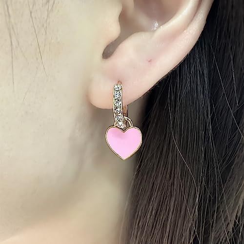 Preppy Love Heart Hoop Earrings for Women Teen Girls Gold Plated Cubic Zirconia CZ Charms Dangle Drop Huggie Small Hoops Cartilage Earring Fashion Colorful Y2K Jewelry Cute Gifts - color: Pink