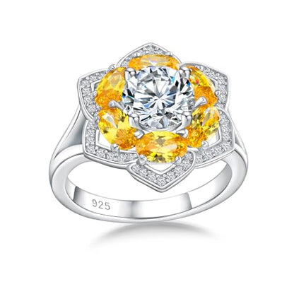 Flower Cocktail Ring for Women Stone Engagement Anniversary Rings | Sterling Silve|Hypoallergenic|Ruby|Sapphire|Emerald|Wedding and Birthday Party Women Statement Ring|Mother and Grandma Gift - color: Citrine (Nov.)
