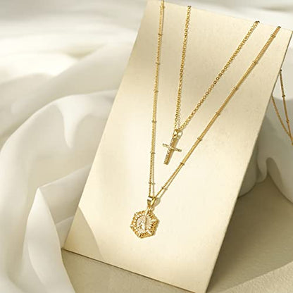 KELORIS PATH Gold Layered Initial Cross Necklace, 14K Gold Plated Layering Square Letter Pendant Figaro Chain Cross Choker from A-Z Capital Jewelry for Women Girls | 14K Gold Plated Square/Hexagon Letter Pendant with Figaro Chain, Stackable Jewelry Gifts,