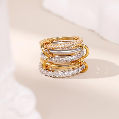 18K Gold Plated Stackable Rings for Women CZ Mixed Metal Statement Rings Set Non Tarnish Interlocked Stacked Ring Unique Connected Band Thumb Ring Fashion Multi-layer Wedding Ring Jewelry Size 6-10 - style: Gold Style C