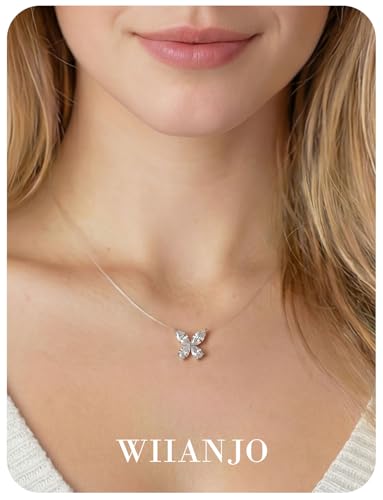 Teardrop 925 Silver CZ Floating Pendant Necklace 16 Inch Cubic Zirconia Invisible Necklace, Hypoallergenic, Jewelry Gifts for Women Anniversary Birthday - color: Butterfly