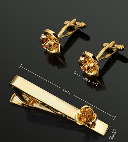 Unique Rose Flower Cufflinks and Tie Clip Set for Men Regular Necktie | Silver/Golden/Black Men's Tie Pin and Cuff Links for Wedding Party Daily Office Formal Casual Business Tuxedo Dress Accessory - style: 14K Gold Plated Cufflinks Tie Pin Set
