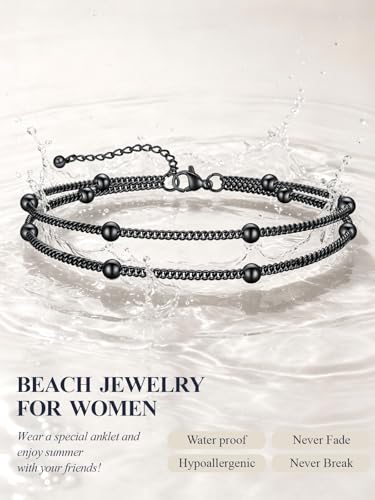 U7 Silver/Gold/Black Ankle Bracelets for Women Layered Chain Anklets | Stainless Steel Anklets Waterproof Summer Beach Anklet Charm, Adjustable 8.5"-10.5",Layered Anklet Fashion - color: Black - Layered Ball Chain