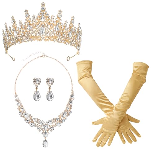 Tondiamo Bridal Jewelry Accessories Set Wedding Crystal Tiaras Crown Teardrop Necklace Earrings Satin Gloves for Women Queen Princess Birthday Prom Pageant Wedding Party - color: Gold