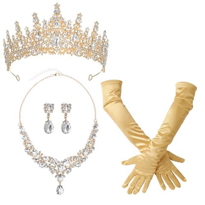Tondiamo Bridal Jewelry Accessories Set Wedding Crystal Tiaras Crown Teardrop Necklace Earrings Satin Gloves for Women Queen Princess Birthday Prom Pageant Wedding Party - color: Gold