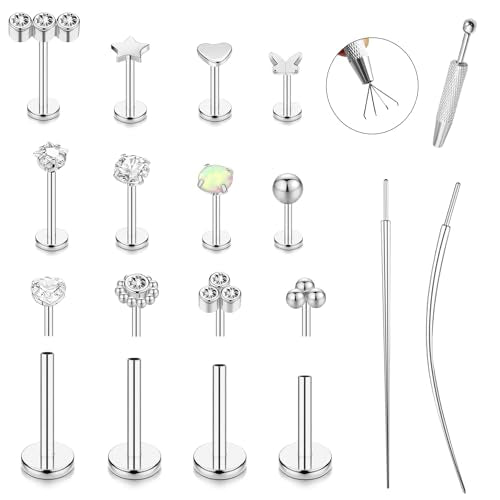 15Pcs 20G/18G/16G Flat Back Push in Stud Earrings 316L Surgical Stainless Threadless nose rings Medusa Piercing Jewelry Hypoallergenic Labret Studs Lip Rings ring for Women Men Be Equipped With Ball Grabber Tool - color: Silver, size: 18G(1.0mm)
