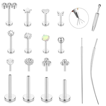15Pcs 20G/18G/16G Flat Back Push in Stud Earrings 316L Surgical Stainless Threadless nose rings Medusa Piercing Jewelry Hypoallergenic Labret Studs Lip Rings ring for Women Men Be Equipped With Ball Grabber Tool - color: Silver, size: 18G(1.0mm)