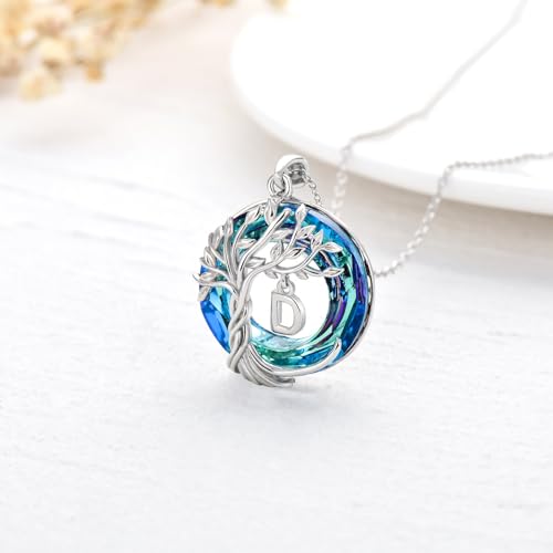 TOUPOP Gifts for Women Tree of Life Initial Necklace 925 Sterling Silver Letter Pendant with Blue Crystal Birthday Jewelry Gifts for Women Her Mom Wife Daughter - color: Tree of Life D Initial
