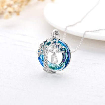 TOUPOP Gifts for Women Tree of Life Initial Necklace 925 Sterling Silver Letter Pendant with Blue Crystal Birthday Jewelry Gifts for Women Her Mom Wife Daughter - color: Tree of Life D Initial