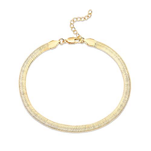 PAVOI 14K Gold Plated Chain Anklets for Women - Minimalist Link Chain Ankle Bracelet - Dainty Gold Anklets for Women - Trendy Summer Beach Jewelry Gifts - Snake, Figaro, Mariner, Paperclip, Beaded - style: Snake-L