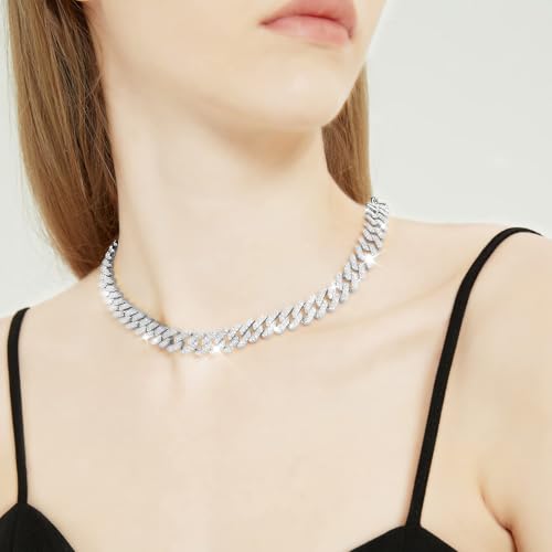 Mens and Womens Miami Cuban Link Chain Necklace 12mm Diamond Prong Cuban Chain 18/20/24inch Length Hip Hop Jewely - color: Silver, size: 18 inch