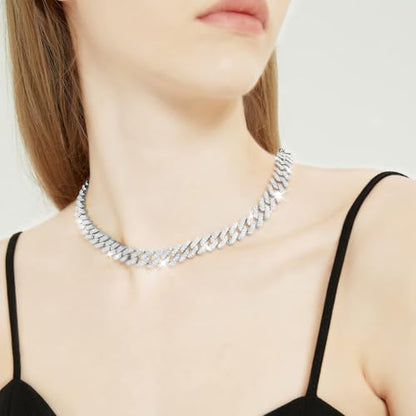 Mens and Womens Miami Cuban Link Chain Necklace 12mm Diamond Prong Cuban Chain 18/20/24inch Length Hip Hop Jewely - color: Silver, size: 18 inch
