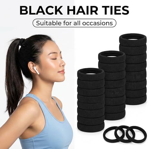 Black Hair Ties No Damage No Pull 100PCS Extra Thick Elastics Hair Bands Large Ponytail Holders for Women Girls Thick Heavy Curly Hair