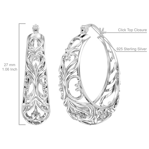 LeCalla 925 Sterling Silver Hoop Earrings | Women's Filigree Hoop Earrings | Openwork Mesh Filigree Cut Earring | Lightweight & Hypoallergenic Vintage Hoop Earrings for Women - style: Round Heart Filigree