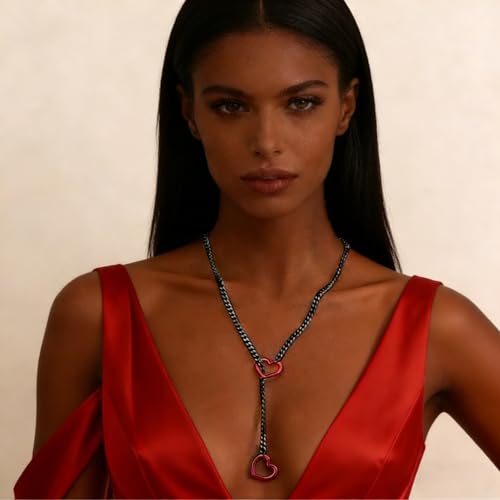 Slip Chain Necklace for Women Gothic Stainless Steel Bar Pendant Cuban Link Necklaces Adjustable Goth O Ring Long Necklaces Punk Rock Collar Choker Trendy Lariat Y Necklace - color: Black Red
