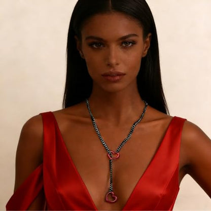 Slip Chain Necklace for Women Gothic Stainless Steel Bar Pendant Cuban Link Necklaces Adjustable Goth O Ring Long Necklaces Punk Rock Collar Choker Trendy Lariat Y Necklace - color: Black Red