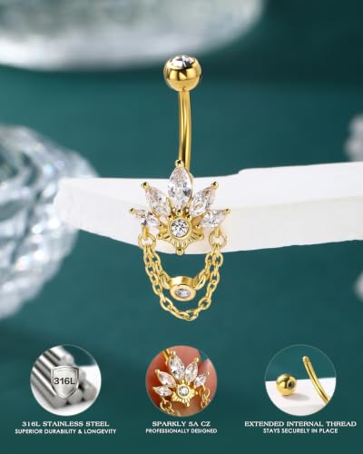 COCHARM 14G Lotus Belly Button Rings Dangle Belly Navel Rings for Women Surgical Steel Navel Piercing jewelry - color: YG-10MM