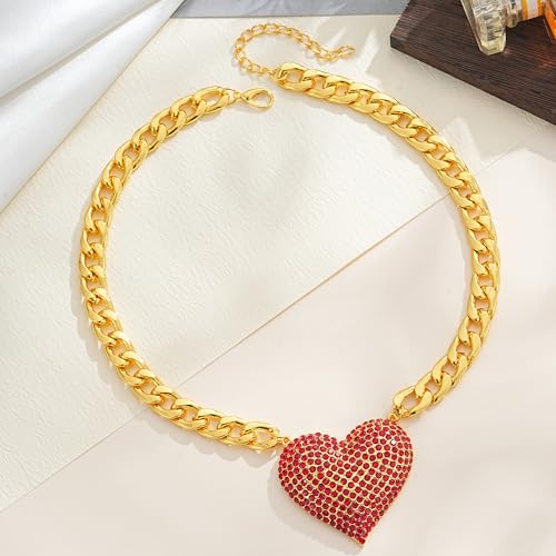 Gold Cuban Link Chain Necklace with Red Crystal Heart Pendant, Statement Chunky Curb Link Chain，Fashion Jewelry for Women - color: Red
