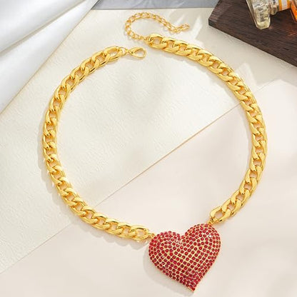 Gold Cuban Link Chain Necklace with Red Crystal Heart Pendant, Statement Chunky Curb Link Chain，Fashion Jewelry for Women - color: Red