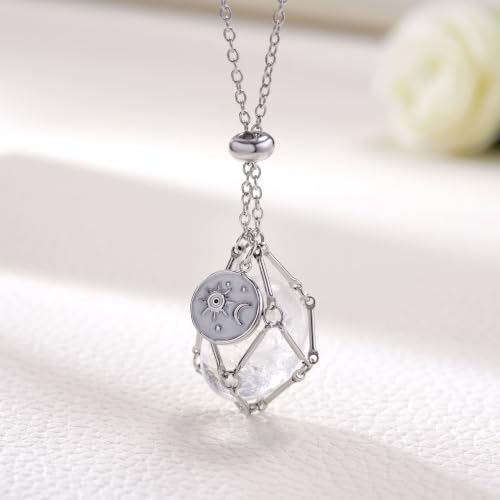 MIXJOY Black Obsidian Crystal Necklace for Women, Sun and Moon Celestial Pendant Protection Gift for Halloween Christmas - style: Clear Quartz Small