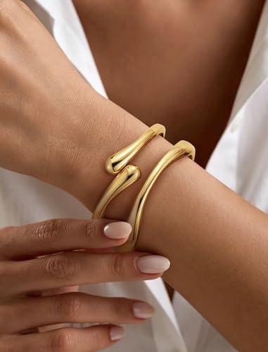 Chunky Gold Bangle Bracelets for Women – 14k Gold Plated | Cuff Bangles, Stackable Bracelet Set, Wide Trendy Fashion, Jewelry Gift - color: 04-Gold-2pcs