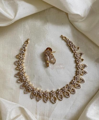 Antique Gold Plated Temple Jewellery Necklace Set with Earrings for Women, Traditional Indian Bridal Necklace Set, South Indian Choker Haram Style Jewellery Set, Ethnic Wedding Party Wear Necklace Set for Women - color: AD-Neck-177