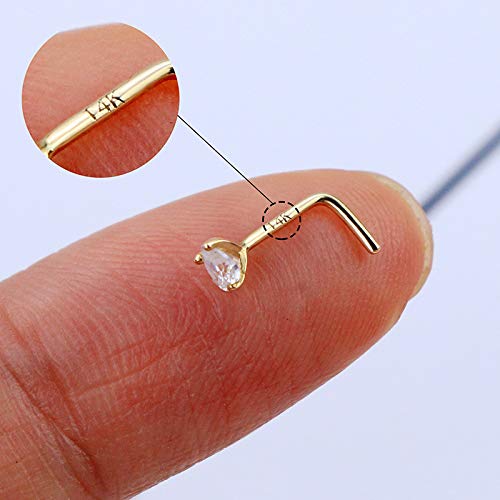 14K Real Gold Nose Studs 20G Nose Rings Studs L Shaped Nose Rings for Women Men Diamond CZ Nose Piercing - color: Yellow Gold-Heart CLCZ