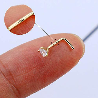 14K Real Gold Nose Studs 20G Nose Rings Studs L Shaped Nose Rings for Women Men Diamond CZ Nose Piercing - color: Yellow Gold-Heart CLCZ