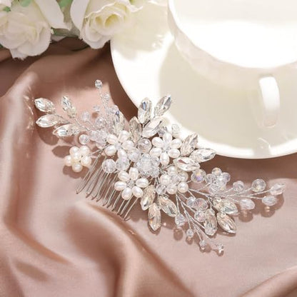 JAKAWIN Wedding Hair Accessories Bridal Hair Pieces Pearl Hair Comb | Flower Hair Clip Bride Prom Hairpiece for Women - color: A Silver