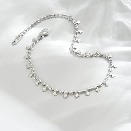 18K Gold Plated Ankle Bracelets for Women Stainless Steel Anklet with Star Cross Disc Coin Teardrop Charms Waterproof Thin Chain Ankle Jewelry Gift for Her - style: Square-White Gold