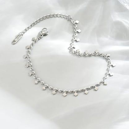 18K Gold Plated Ankle Bracelets for Women Stainless Steel Anklet with Star Cross Disc Coin Teardrop Charms Waterproof Thin Chain Ankle Jewelry Gift for Her - style: Square-White Gold