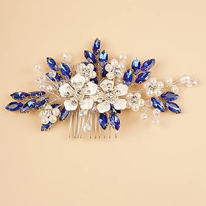Kercisbeauty Flower Hair Comb for Women and Girls Wedding Bridal Crystal Hair Piece (Blue) - color: Blue