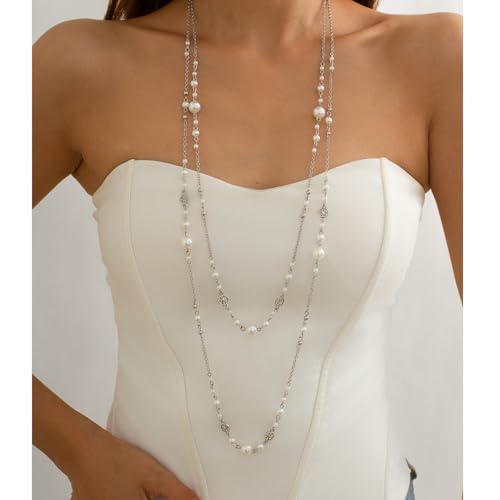 Long Pearl Necklaces for Women Pearl Long Chain Necklace Gold Chain Dainty Delicate Station Necklace Jewelry for Dress Party - color: Silver2Pcs