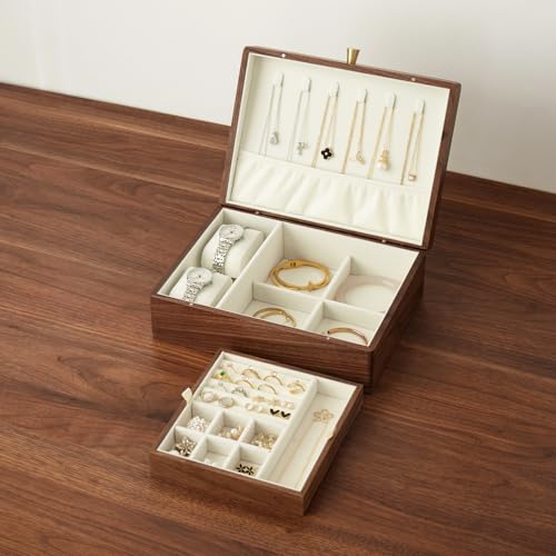 Black Walnut Wood Jewelry Box, No Lock | Velvet Lining, Personalized Ring and Necklace Box, For Women and Girls, Brass Handle - style: Vintage