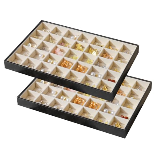 Large Jewelry Organizer Tray for Drawer Inserts 2 Pack | Stackable Jewelry Storage PU Leather Velvet Jewellery Display Case for Earring Bracelet Necklace (Black Beige, 35 Grids) - color: Black Beige, size: 35 Grids