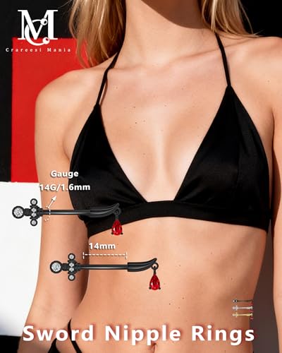 Sword Nipple Rings 316L Stainless Steel Dangle Nipple Piercing Jewelry 14G Dagger Nipple Barbells 14mm Nipple Piercing Rings - color: Black